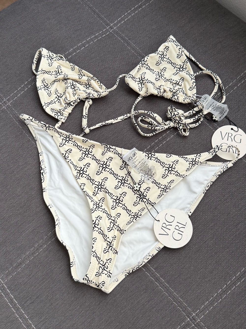 VRG GRL Cream Bikini Set with Black Logo Scribble Print